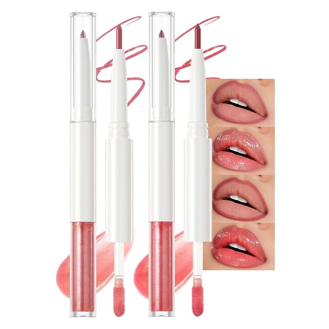 BINGBRUSH 2PCS Lip Gloss Set, Glitter 2-in-1 Lip Liner & Gloss Combo, Hydrating Lip Plumper Lifter, Easy-to-Apply Lip Tint for Daily, Work & Party, Women's Makeup