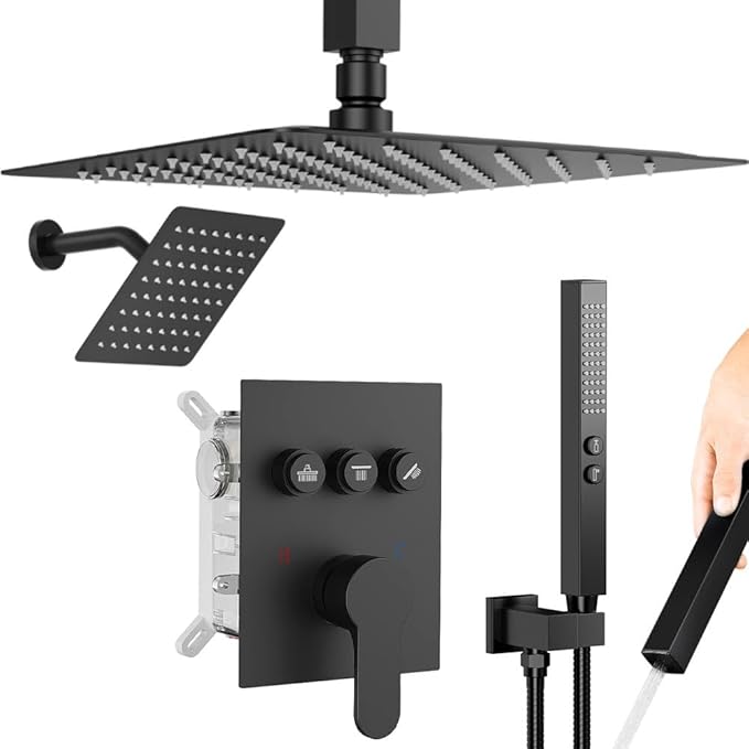 Shower Faucet Sets Shower System, 2 Head Shower System Rain Showerhead for Two People, Ceiling Mount Shower Fixtures with On Off Button Valve Body and Trim Kit Complete, 10+6" Matte Black