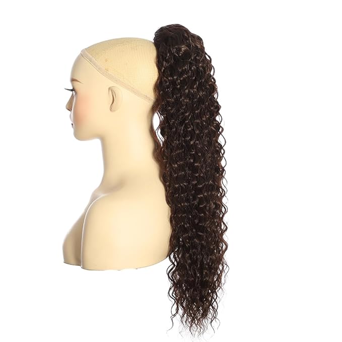 Deep Wave Ponytail Extension for Women 24 Inch Black Brown Curly Wavy Ponytail Hair Extensions Drawstring with Clips Short Synthetic Hairpiece for Daily and Party