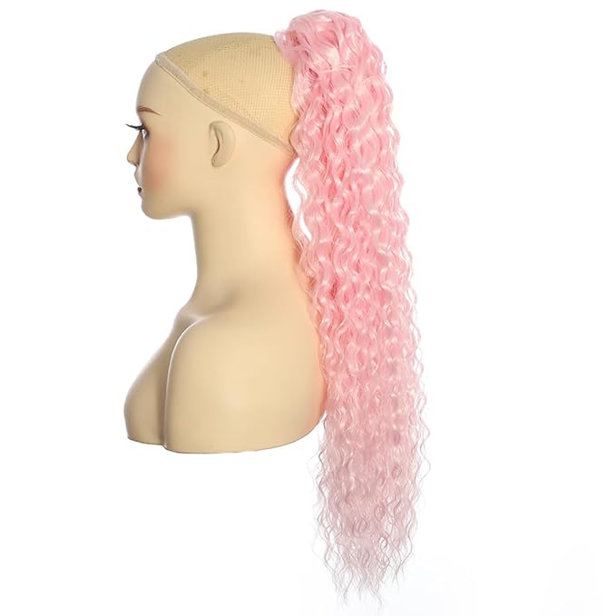 Deep Wave Ponytail Extension for Women 12 Inch Light Pink Curly Wavy Ponytail Hair Extensions Drawstring with Clips Short Synthetic Hairpiece for Daily and Party