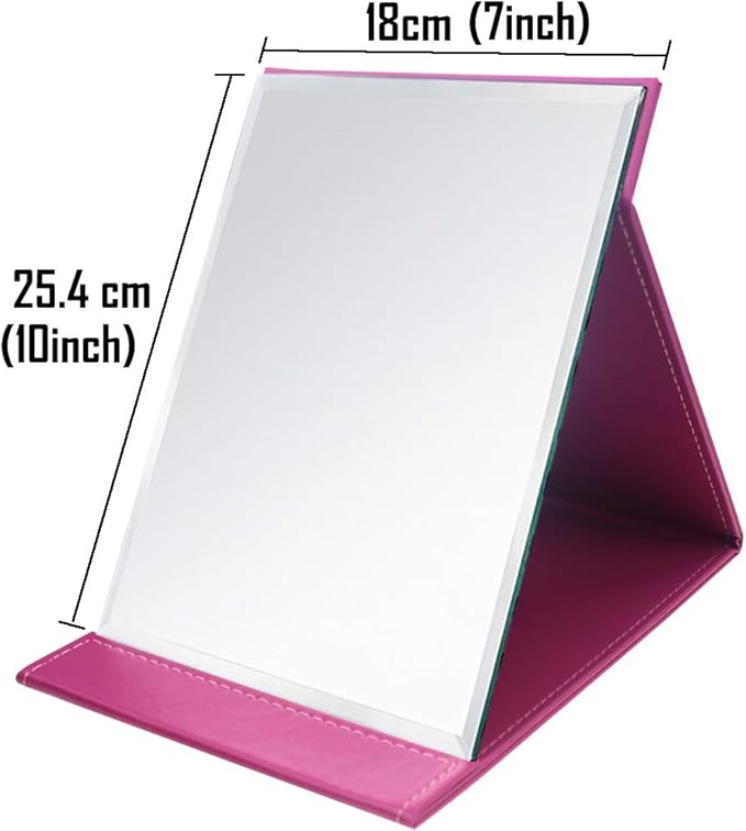Desk Mirror, Pu Leather Portable Folding Desktop Makeup Mirror with Adjustable Stand for Home Office Travelling (L, Rose)