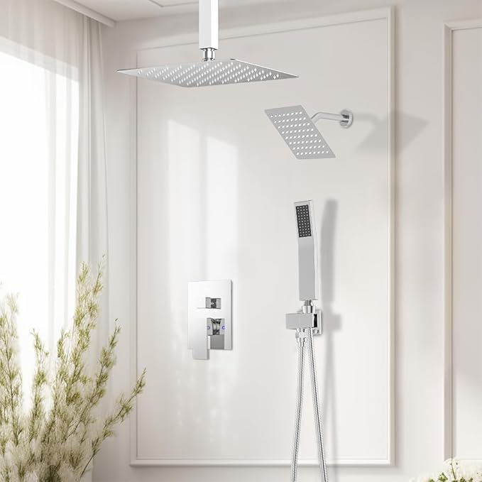 Shower Faucet Set Shower Systems, STARBATH 3 Way Shower Faucet with 2 in 1 Handheld, Ceiling Mount 12+6" Dual Rain Shower Head for Two People (6"+12" Rain Shower with Handheld, Chrome)