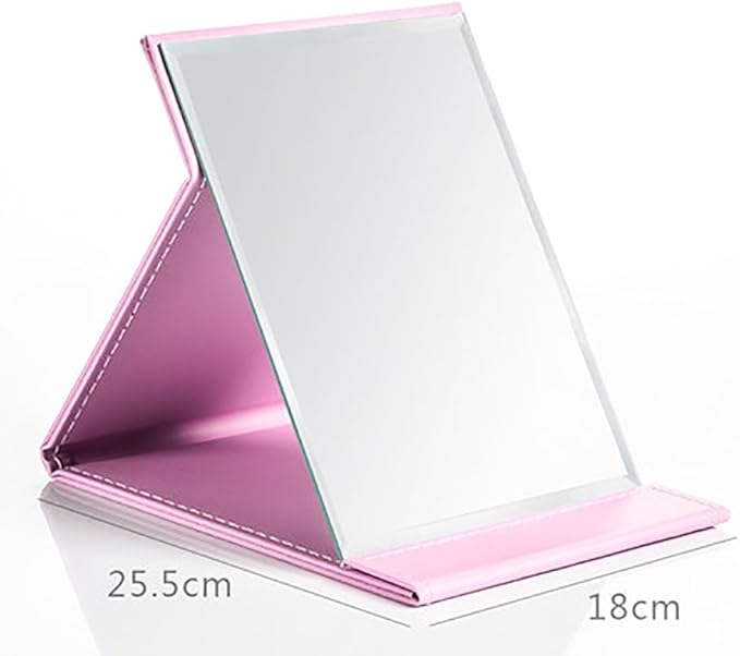 Protable PU Leather Mirror Folding Desktop Makeup Mirror with Adjustable Stand for Personal Use,Travelling (L, Pink)