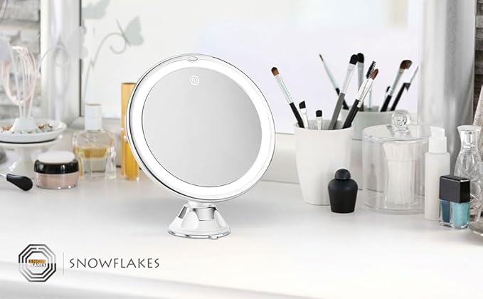Snowflakes 10x Magnifying Lighted Makeup Mirror with Lights, Suction Cups, and 360° Swivel – Touch Control, 3 Light Modes – Ideal for Home, Bathroom Vanity, and Travel