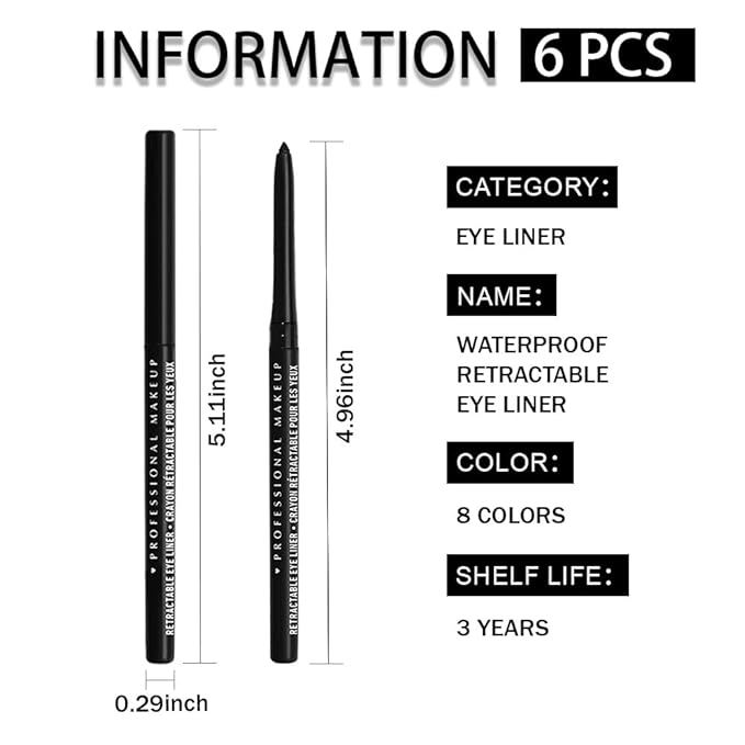 Retractable Creamy Eyeliner Eyeshadow Sticks for Eye Makeup, Ultra Pigmented Mechanical Eye Pencils, Smudge Proof Matte Satin Finish Formula, Waterproof, Vegan & Cruelty-Free (6 Pcs-Black-01)