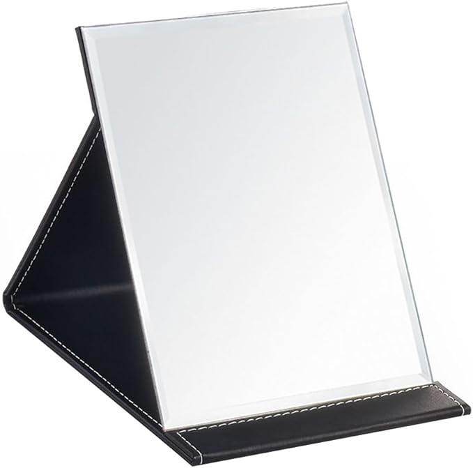PU Leather Portable Folding Makeup Mirror with Standing(M, Black)