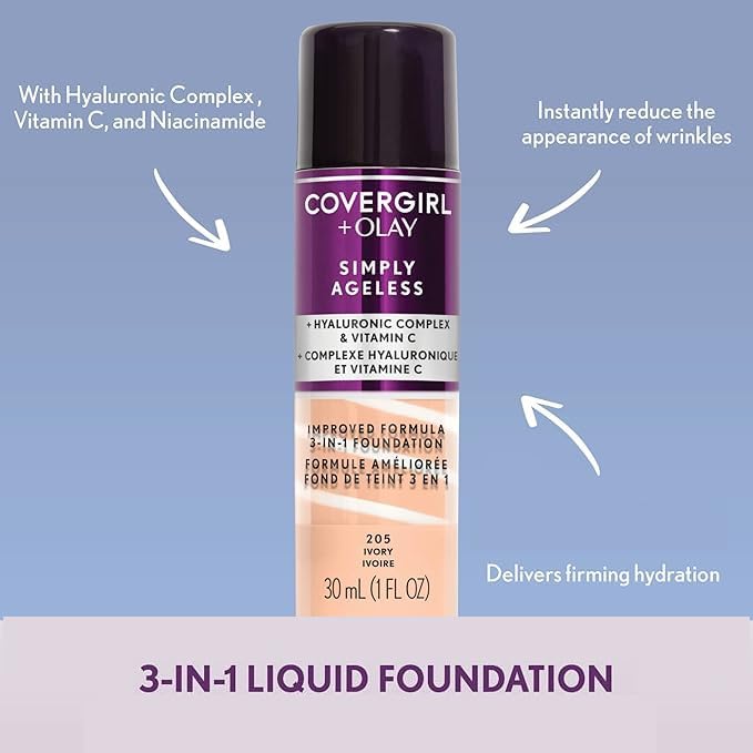 COVERGIRL & Olay Simply Ageless 3-in-1 Liquid Foundation, Matte Finish, Hyaluronic & Vitamin C Formula, 240 Natural Beige, 2 Count