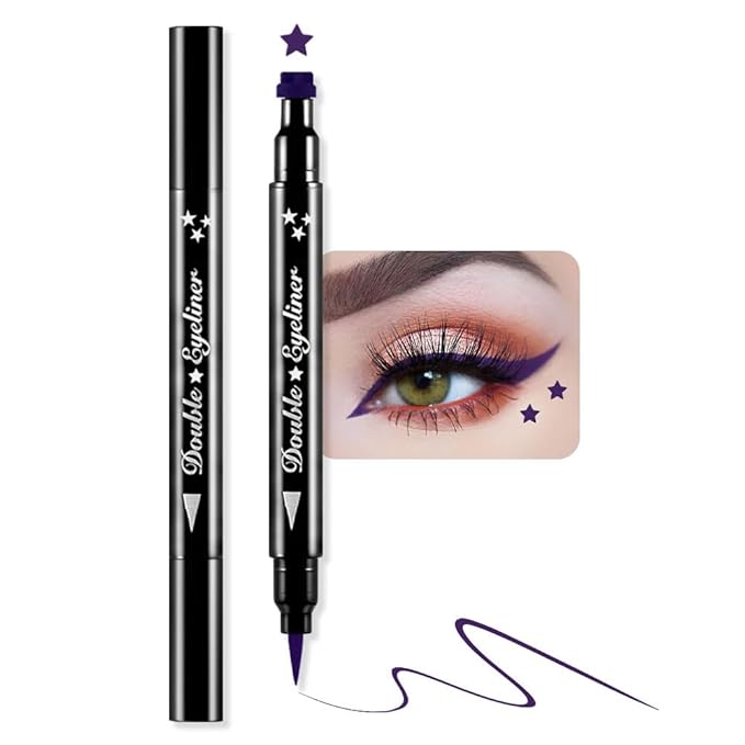 BINGBRUSH Double-head Liquid Stamp Eyeliner Pencil, Colors Flowers Heart Moon Star Shapes Face Stamps Makeup Colorful Waterproof Slim Gel Felt Tip High Pigment Liquid Eyeliner (05#Star&Purple)