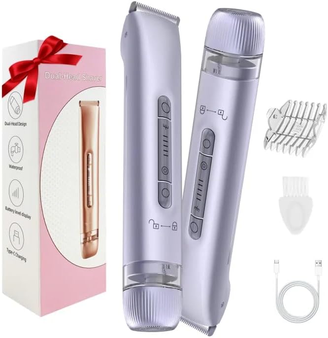 Bikini Trimmer for Women, 2 in 1 Electric Razors for Women, Bikini Shaver with Dual Heads, Body and Facial Hair Removal, IPX7 Waterproof Wet & Dry Use, for Face Chin Pubic Underarm Legs-Purple
