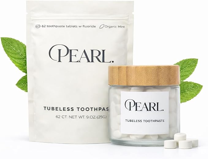 Starter Kit: The Pearl Jar & Fluoride Mint Toothpaste Tablets | Dentist Designed | Natural Whitening | TSA Approved | Reusable Packaging (Jar + 62 Tablets)