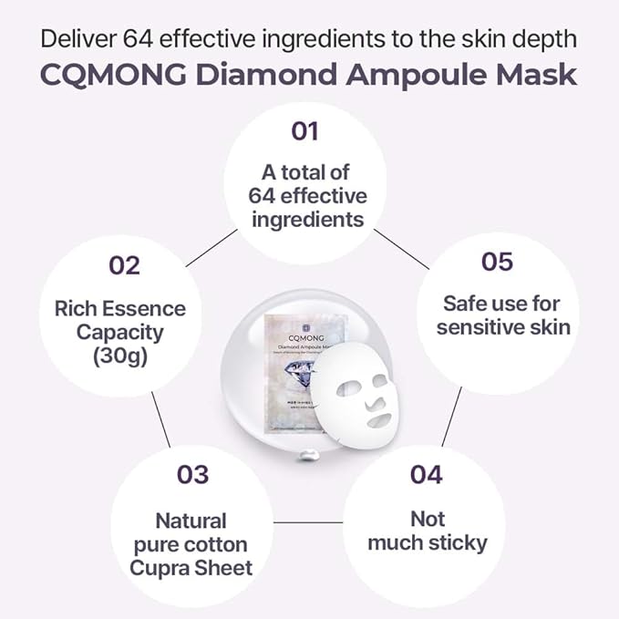 CQMONG Diamond Ampoule Sheet Mask (30g x 10pcs), Korean Face Facial Masks, Glossy & Elastic Skin, Hydrating, Soothing, Nourishing, Collagen & Hyaluronic Acid, Smooth Sheet