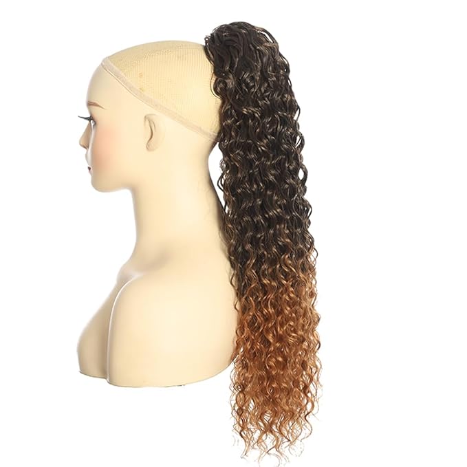 Deep Wave Ponytail Extension for Women 24 Inch Black to Brown Curly Wavy Ponytail Hair Extensions Drawstring with Clips Short Synthetic Hairpiece for Daily and Party