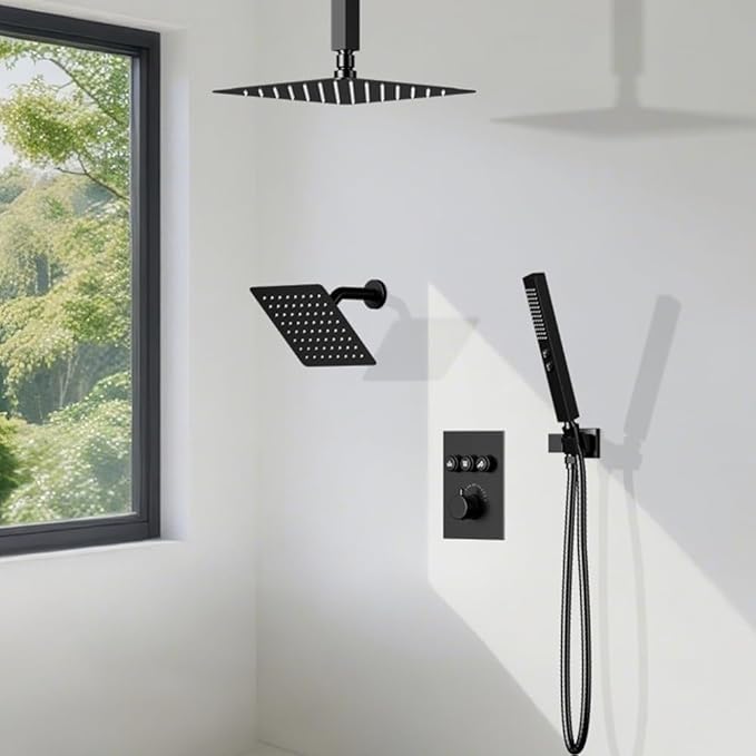 Thermostatic Shower Systems Matte Black Shower Faucets Sets, STARBATH 12+ 8" Wall Mount Rain Shower and 2 in 1 Handhled, Can Use All at Once, Push Button 3 Modes Valve and Trim Kit Complete Shower Set