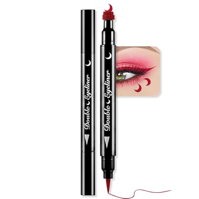 BINGBRUSH Double-head Liquid Star Eyeliner Red Stamp Pencil, Colors Flowers Heart Moon Shapes Face Stamps Makeup Colorful Waterproof Slim Gel Felt Tip High Pigment Liquid Eyeliner (11#Moon&Red)