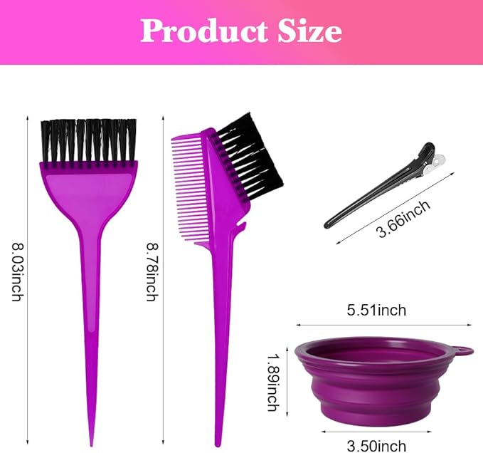 Hair Dye Color Brush and Bowl Set, Color Bowl Brushes Tool Mixing Bowl Kit Tint Comb for Hair Tint Dying Coloring Applicator (Purple)