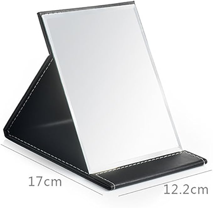 Protable PU Leather Mirror Folding Desktop Makeup Mirror with Adjustable Stand for Personal Use,Travelling (S, Black)