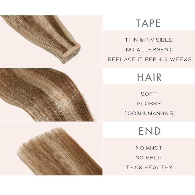Tape in Hair Extensions Human Hair, 14 Inch 20pcs Human Hair Extensions Tape in for Women Chestnut Brown Highlighted Bleach Blonde Skin Seamless Invisible Tape Hair Extensions(P6/613#, 14 Inch)