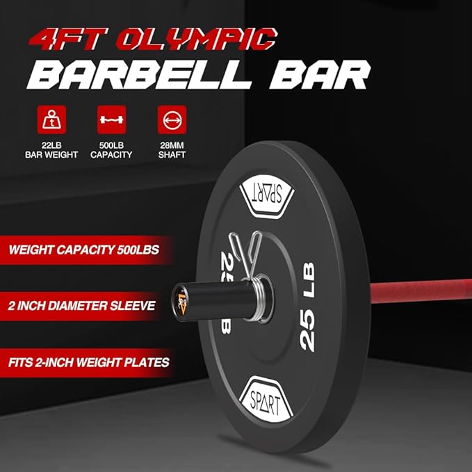 4FT Olympic Barbell Bar 47Inch Straight 2 Collars, 500Lbs Capacity 2 Inch