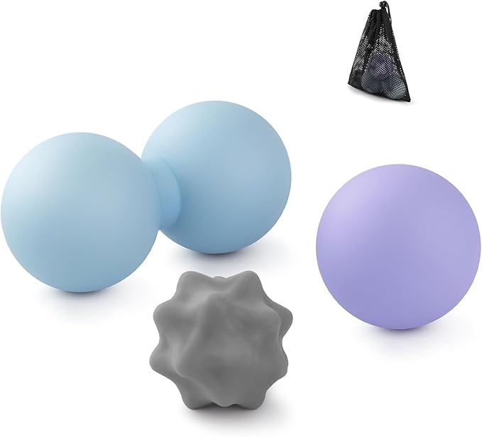 Silicone Massage Ball Set - 3 Therapy Balls for Myofascial Release, Trigger Point & Plantar Fasciitis Relief - Peanut Lacrosse Ball, Pressure Point Ball, Hip & Psoas Release Tool, Mesh Bag