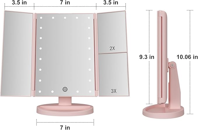Trifold Makeup Mirror Vanity Mirror with Lights,1X 2X 3X Magnification,Touch Control,Adjustable Rotation,Dual Power Supply,Portable Travel Cosmetic Mirror,Birthday Gifts for Women,Teengirls