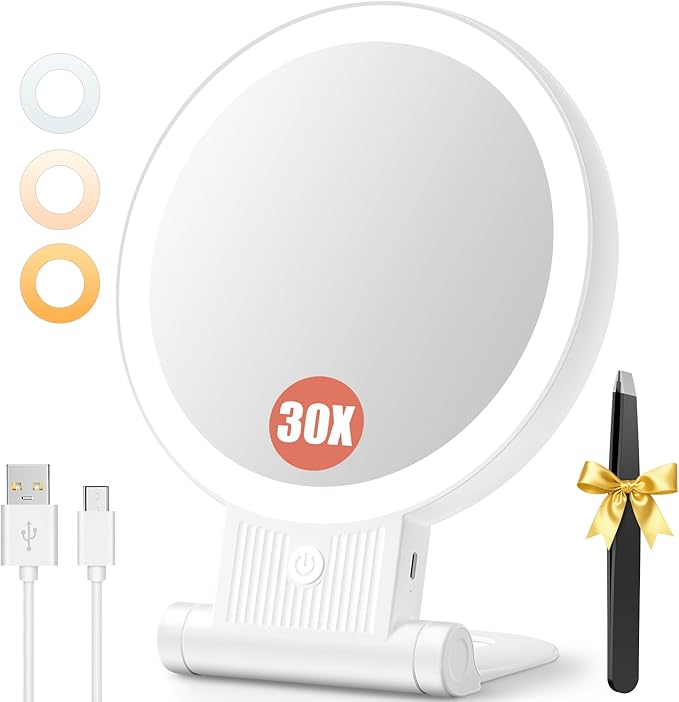 Auxmir 1X/30X Magnifying Mirror with Light, Double Sided Makeup Mirror with Adjustable 3 Color Light, 2000mAh Rechargeable Lighted Magnifying Mirrors with Tweezer, Foldable Travel Mirror with Rotation
