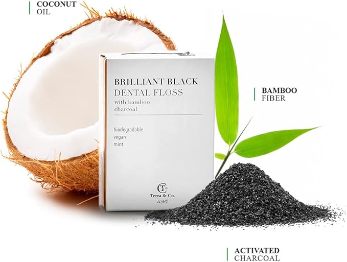 Terra & Co., Brilliant Black Dental Floss (3 Pack) | Organic Teeth Whitening Products | All Natural, with Activated Bamboo Charcoal | Vegan & Cruelty Free | Luxury Dental Care