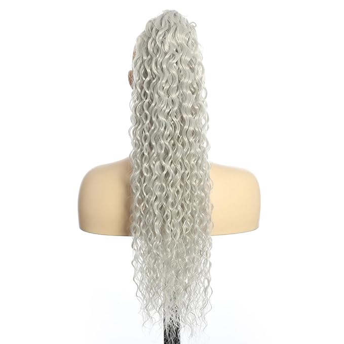 Deep Wave Ponytail Extension for Women 12 Inch Gray Curly Wavy Ponytail Hair Extensions Drawstring with Clips Short Synthetic Hairpiece for Daily and Party