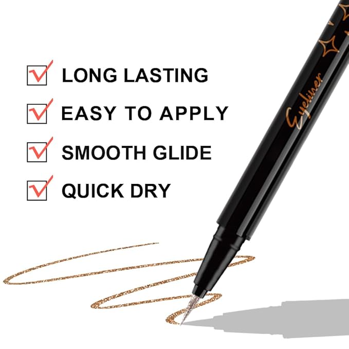 HHLOH 2PCS Metallic Glitter Liquid Eyeliner Pens Set – Waterproof Mark Bronze Brown or Gold Long-Lasting Sparkly Eye Makeup – Tattoo-Effect Ink Liners for Women & Men, Delineador Líquido con Brillo 05