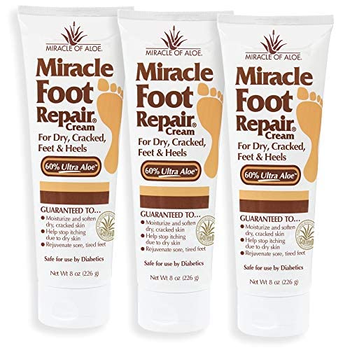Miracle Foot Repair Cream (8 oz / 3-Pack) Repairs Dry Cracked Heels and Feet, 60% Pure UltraAloe Moisturizes, Softens, and Repairs