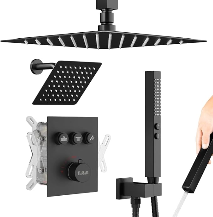 Thermostatic Shower System Matte Black Push Button Shower Faucet Set,12" Ceiling Rainfall and 6" Wall Mount Rain Shower with 2 in 1 Handhled, Can Use All at Once, Shower Set with Valve and Trim Kit