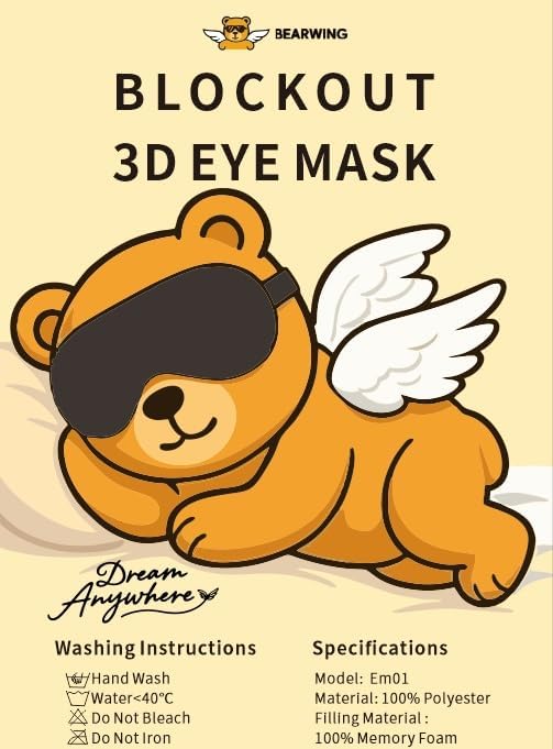 BEARWING 100% Light Blocking Sleep Mask with Storage Bag, Only 0.73oz Light Comfortable 3D Contoured Memory Foam, Blink Freely Eye Masks for Sleep, Travel, Nap, for Men Women Side Sleeper, Black