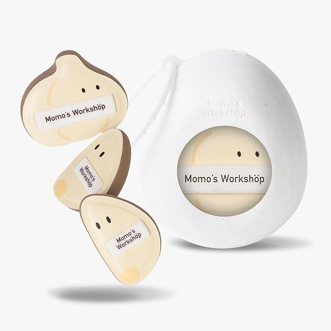 Momo's Workshop 3-Pack Garlic Shape Makeup Puffs, High-Density Rubycell for Oil Control & Full Coverage, Firm PU Leather Backing for Flawless Cream Skin Finish, for Liquid & Cream Makeup