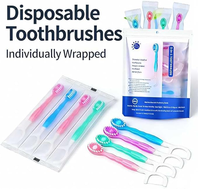 Disposable Travel Toothbrushes with Toothpaste, Individually Wrapped Mini Single Use Toothbrushes, No Water Needed Toothbrushes with Tongue Scraper for Travel, Hotel, Camping (4Packs)