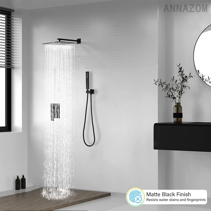 annazom Shower Faucet Set Rain Shower System Matte Black with High Pressure 10-Inch Shower Head Handheld Square Shower Head Bathroom Luxury Rain Shower Faucet Shower Complete Combo Kit Wall Mounted