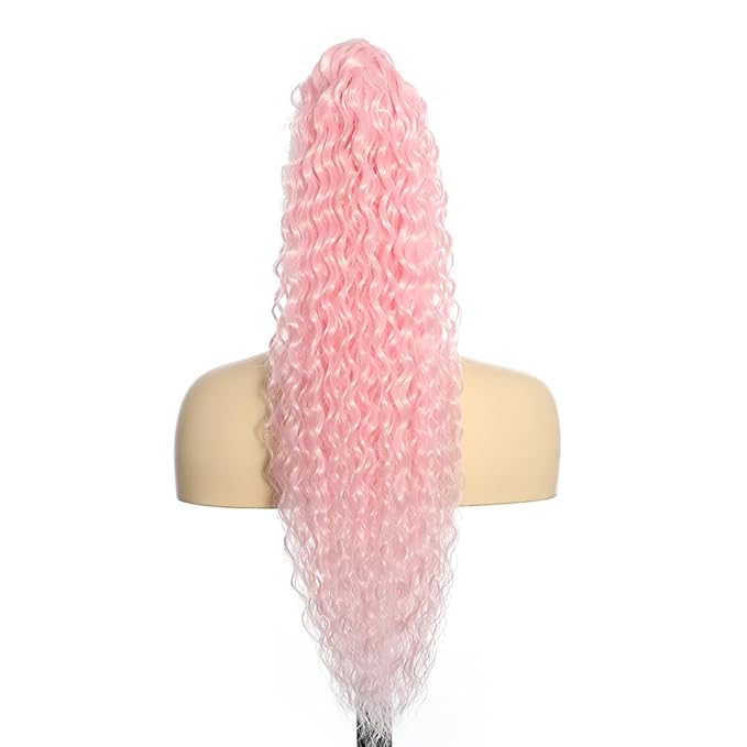 Deep Wave Ponytail Extension for Women 24 Inch Light Pink Curly Wavy Ponytail Hair Extensions Drawstring with Clips Short Synthetic Hairpiece for Daily and Party