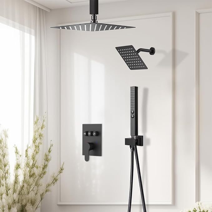 Shower Faucet Sets Shower System, 2 Head Shower System Rain Showerhead for Two People, Ceiling Mount Shower Fixtures with On Off Button Valve Body and Trim Kit Complete, 10+6" Matte Black