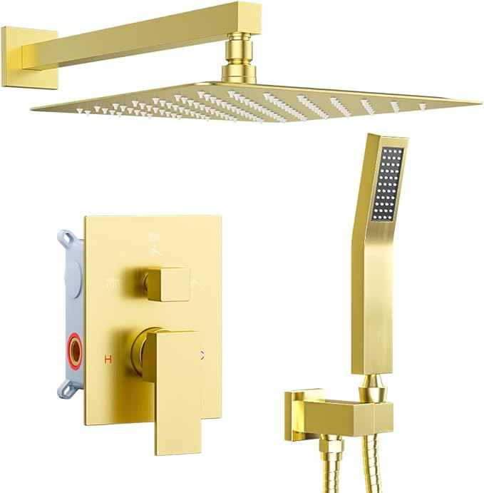 Shower Faucet Set Brushed Gold Shower System, Starbath 12" Rain Shower Head and Handheld Spray Shower Set Complete Wall Mounted,2 Way Pressure Balance Shower Valve and Trim Kit Included