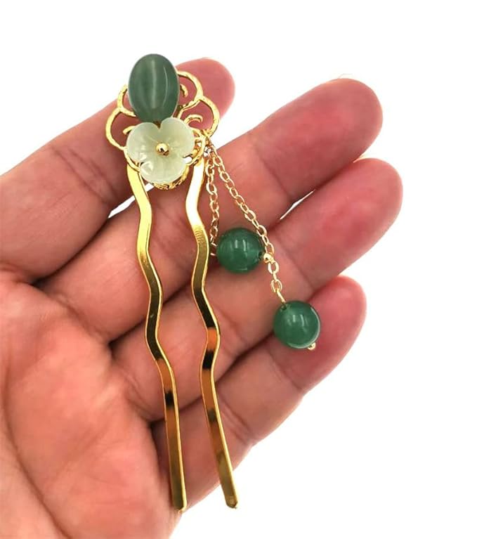 Jade Flower Hair Pins Women Girls Hair Stick,Retro Hanfu U Shape Chopsticks Hair Styling Hair Making Accessories Headwear 3.5inch