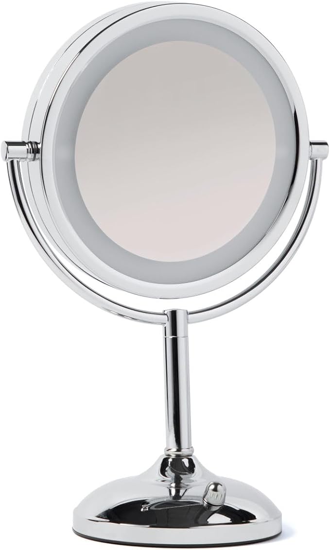 JERDON Lighted Tabletop Mirror with 10X/1X Magnification - LED Lighted Makeup Mirror with Multiple Light Settings in Chrome Finish - 8.5-Inch Diameter Vanity Mirror - Model JS8510BC