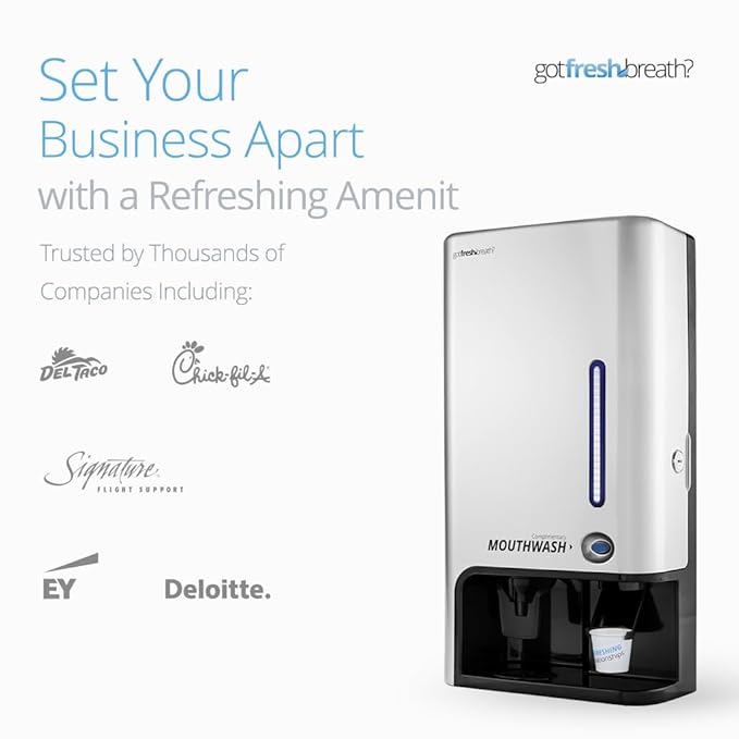 GotFreshBreath Commercial Mouthwash Dispenser with Cup Holder – Standing or Wall-Mounted, Slim, Commercial Mouthwash Dispenser with 100 Cups & 50 Oz. Alcohol-Free Mouthwash (Nickel)…