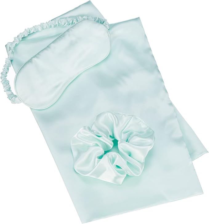 KISMETICS - Vegan Silk Sleep Set, Silky Pillowcase with Large Scrunchie and Eye Mask for Hair and Skin, Self Care Essential Satin Night Routine Kit (Mint Blue Color)