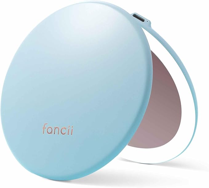 Fancii Taylor Rechargeable Compact Makeup Mirror with LED Lights, 10x /1x Magnifying, 3 Light Settings, Large 5” Wide | Travel Mirror for Purses (Soft Sky)