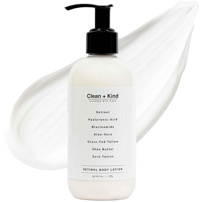 Clean + Kind Firming Retinol Body Lotion for Wrinkles & Crepey Skin – Anti-Aging Moisturizer with Hyaluronic Acid, Niacinamide, Aloe Vera, Shea Butter & Grass-Fed Tallow Skincare