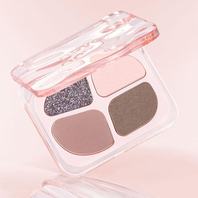 Pink Eyeshadow Palette – 4-Color Mauve Nude & Baby Pink Matte Shades with Lavender Silver Glitter, High Pigment Long-Lasting Blendable Eye Shadow Quad for Daily Soft Glam & Natural Cool Tone Looks
