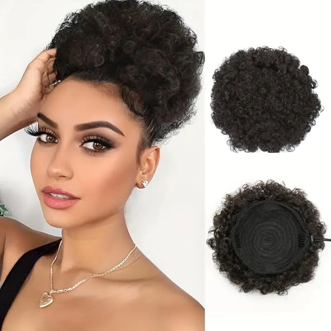 Afro Puff Ponytail Drawstring Wigs for Black Woman 6 Inch Natural Black 100% Human Hair Puff Ponytail Extension Clip On Kinky Drawstring Curly Ponytail Bun Durable Natural Soft and Smooth Hairpiece