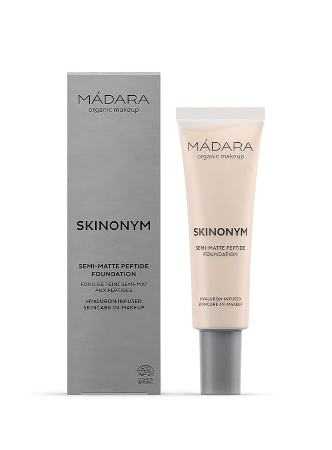 MÁDARA Organic Skincare |SKINONYM Semi-Matte Peptide Foundation, #10 PORCELAIN, 30ml – Natural foundation with collagen-supporting peptides, Semi-matte finish, Buildable coverage, Skincare benefits