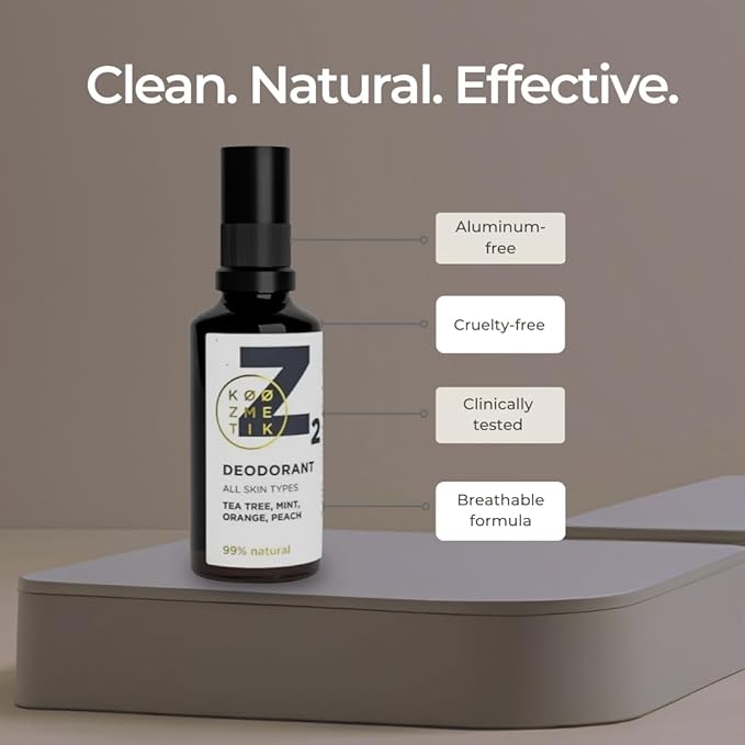 Z2 Natural Deodorant Spray For Women & Men | 99% Natural, Aluminum-Free & Cruelty-Free | Tea Tree, Mint, Orange, Peach | Long-Lasting & Gentle Odor Protection | 50 ml (1.7 oz)