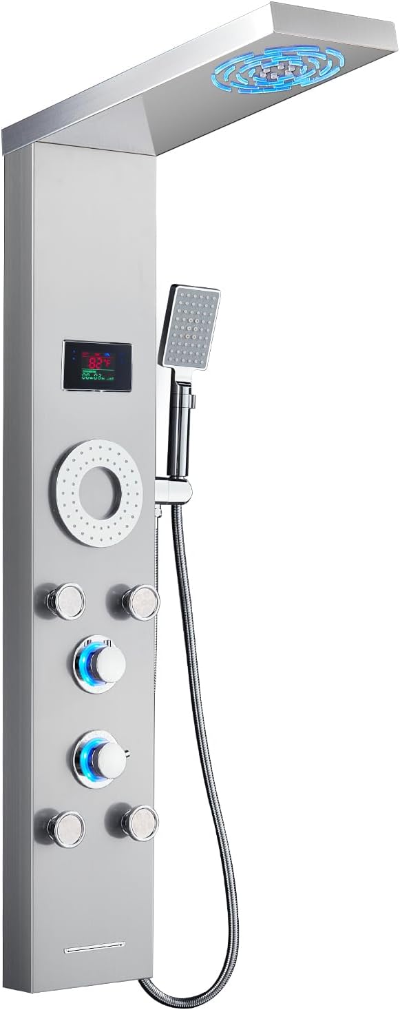 TSIBOMU LED Shower Panel Tower System, Stainless Steel Rainfall & Mist Shower Tower, 5 Body Jets, Handheld Shower, Tub Spout and Hydroelectricity Temperature Display, Brushed Nickel