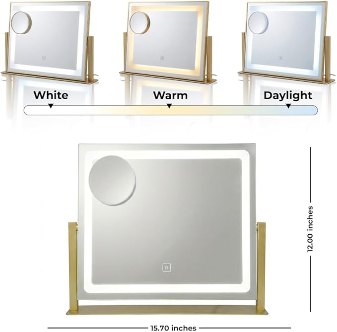 Vanity Mirror with Lights, 16" x 12" Lighted Makeup Mirror with Smart Touch Control, LED Makeup Mirror with 3 Color Lighting Modes, 360° Rotation, 10X Magnification for Tabletop - Gold
