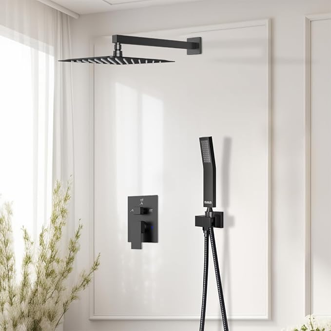 Shower Faucet Set Matte Black Shower System, Starbath 8" Rain Shower Head and Handheld Spray Shower Set Complete Wall Mounted,2 Way Pressure Balance Shower Valve and Trim Kit Included